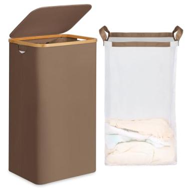 Imagem de Cesta de roupa suja de 66 litros com tampa e saco de rede, cesto de roupa alta com alças de bambu, cesto de roupas sujas estéticas para lavanderia, banheiro, quarto e dormitório, marrom