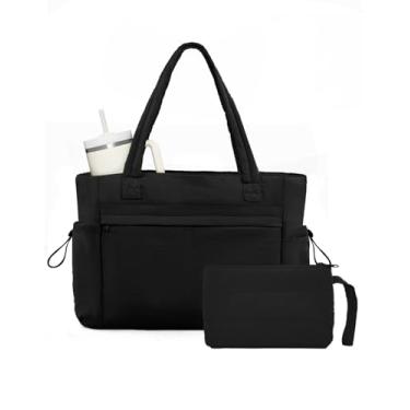 Imagem de Bolsa feminina de trabalho acolchoada com compartimento para laptop de 15,6 polegadas e porta-copos, bolsa de ombro com zíper, Preto, Large, Sacola acolchoada com bolsa de maquiagem