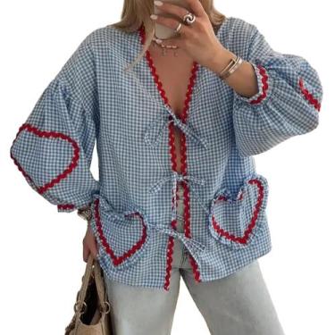 Imagem de Blusas frontais femininas de dia dos namorados, guingão, coquete, laço