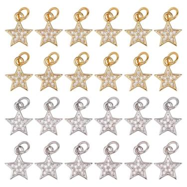 Imagem de SUNNYCLUE 1 caixa, 20 peças, pingentes de estrela de zircônia cúbica, pingentes de estrelas douradas, grandes volumes, prata, cinco pontas, micropavê transparente, com anéis de salto para fazer joias
