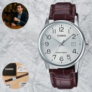 Imagem de Relógio Casio Masculino Social Prata com Pulseira Couro autêntico, Data no Visor e Resistência à Água MTP-V002L-7B2UDF