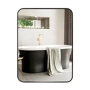 Imagem de Espelhos de banheiro espelho retangular preto para decoração de parede moldura de metal HD à prova de explosão espelho prateado montado na parede grande canto arredondado espelho de banheiro espelhos
