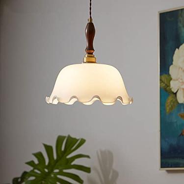 Imagem de YQSLQZZ Lustre de vidro branco, luminária pendente de ilha de cozinha em forma floral, sala de jantar, iluminação decorativa para casa de fazenda, luzes de teto suspensas, altura ajustável