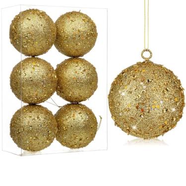 Imagem de Enfeites grandes de bolas de Natal de 8 cm, 6 peças, enfeites de Natal dourados grandes à prova de estilhaçamento, para árvore de Natal, grande glitter, enfeite de árvore de Natal para árvores