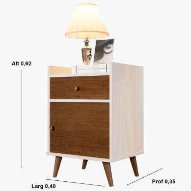 Imagem de Mesa de Cabeceira 1 gaveta 1 porta Retrô Pés Palito Montana Perola / Caramelo - Comprar Moveis Em Casa