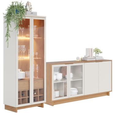 Imagem de Kit Para Sala de Jantar Buffet Áustria C04 com Cristaleira Malibu Freijó Off White - Lyam Decor