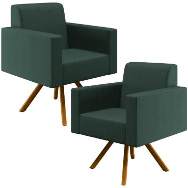 Imagem de Kit 02 Poltronas Decorativa Base Giratória de Madeira Helô L02 Linho Verde Musgo - Lyam Decor