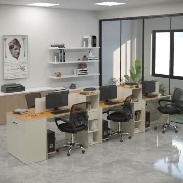 Imagem de Estação De Trabalho 6 Lugares Office Tech 6 Mesas 4 Armários - Off White E Cedro Off White E Cedro