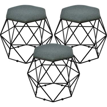Imagem de Kit 03 Puffs Decorativo Aramado Preto Six L02 Linho Chumbo - Lyam Decor