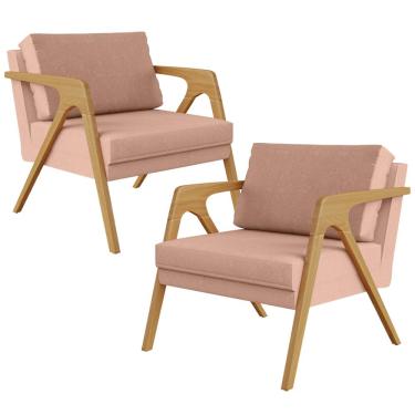 Imagem de Kit 02 Poltronas Decorativas Para Sala Estar Pietra Estrutura De Madeira L02 Linho Rosê - Lyam Decor