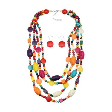 Imagem de Conjunto de brincos de colar com contas coloridas para mulheres, madeira, étnico, tribal, multifios, ousado, boêmio, festival, joia, 22 inch, Madeira, Sem Pedra Preciosa