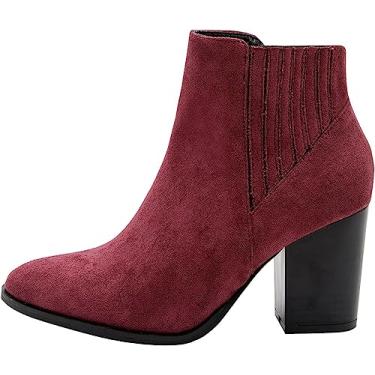 Imagem de Botas femininas de cano curto, sem fecho, bico fino, camurça, salto médio, com zíper lateral, Vermelho, 35 BR