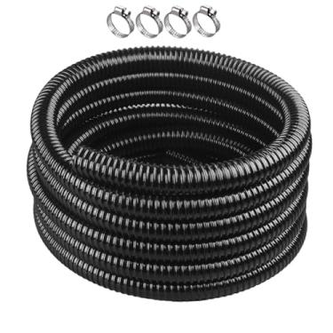 Imagem de Mangueira de lagoa de 3,5 cm x 7,6 m flexível PVC corrugado tubo flexível preto à prova de torção forte para lagoas de jardim, cachoeiras, filtros e drenagem, com 4 braçadeiras.