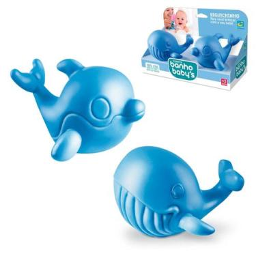 Imagem de Baleia e Golfinho Azul Bebê Mordedor Esguicha Água P/ Banho - Cometa