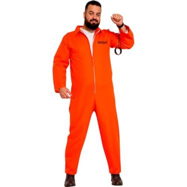 Imagem de Fantasia Plus Size Masculina Festa Carnaval Halloween Roupa Ladrão Presidiário Laranja com Ziper (GG 50-52)