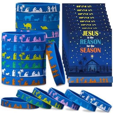 Imagem de Humyoun 60 peças/30 conjuntos de pulseiras de silicone para presépio de Natal com cartões incluem 30 cartões Jesus is the reason for the season 30 pulseiras de Natal para apoio à campanha da igreja
