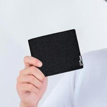 Imagem de Carteira masculina fina, carteira jeans com dobra dupla para homens, pequena carteira, carteira portátil para cartão de crédito para trabalho, compras, Preto, Casual