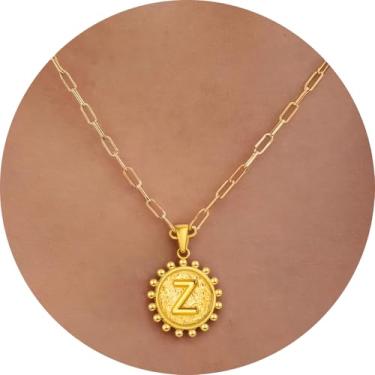 Imagem de Colar com inicial para mulheres, colar com pingente de letra, corrente de clipe de papel, joia de monograma, moeda do alfabeto, pronto em camadas, 14+2in, Aço inoxidável, Sem Pedra Preciosa