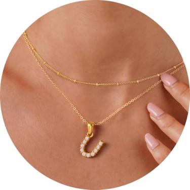Imagem de Colar feminino com inicial CZ em camadas, pingente delicado de letra A a Z, joia banhada a ouro de corrente dupla, presente personalizado, 14+2in/16+2in, Aço inoxidável, Sem Pedra Preciosa