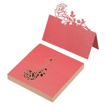 Imagem de PATIKIL 50 peças de cartões de casamento, cartões de nome, papel com glitter, etiquetas de assento dobradas para mesa buffet de comida, recepção de casamento, jantar, festa, vermelho pérola