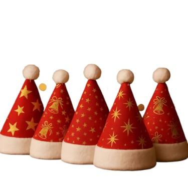 Imagem de Gorro de Papai Noel Vermelho Kit com 10 Gorros Sortidos Natalino Papai Noel Vermelho e Dourado Estrelinhas Sininhos Flocos(Kit 5 Peças)
