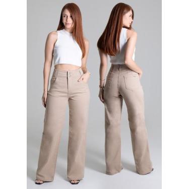 Imagem de Calça Wide Leg Pantalona Original Sawary Jeans Alfaiataria, Bege, 42