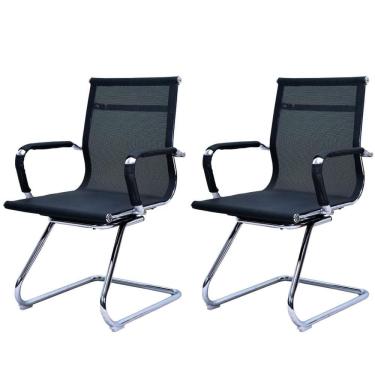 Imagem de Kit 2 Cadeiras Office Sydney Fratini Tela Preta Base Fixa Aço Cromado