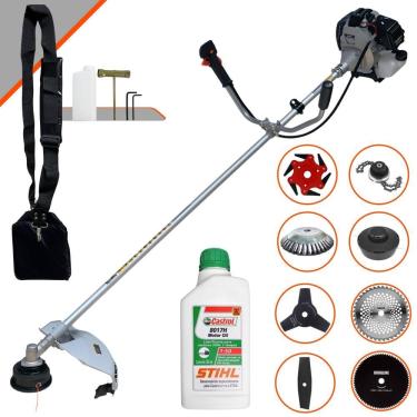 Imagem de Roçadeira Toyama TBC43H 43cc 1,7HP Com Carretel + Facas 2 Pontas, 3 Pontas, 6 Pontas, 40 Dentes Vídea, 80 Dentes, Trimmer, Escova de Aço + ÓLEO STIHL