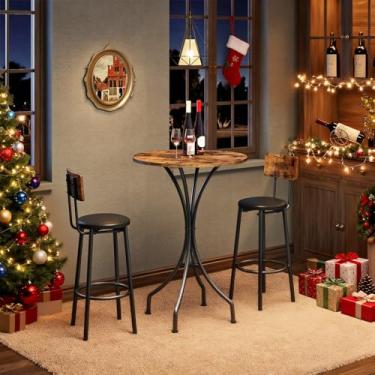 Imagem de CHOEZON Mesa de bar, mesa alta redonda, mesa de altura para bancada, para cozinha, pub, bistrô, sala de estar, sala de reuniões, marrom rústico e preto TBT06BF