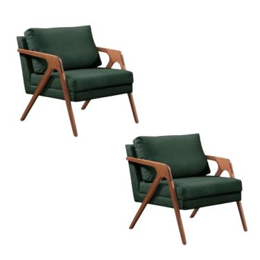 Imagem de Kit 02 Poltronas Decorativa Mona Luxo Base Em Madeira Maciça Veludo Verde