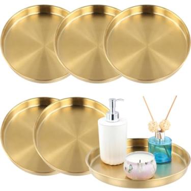 Imagem de Bandejas redondas douradas 24 cm, servindo 6 peças, bandeja dourada de aço inoxidável, círculo de café, joias para bancada de maquiagem, organizador de vaidade, banheiros para servir cafés