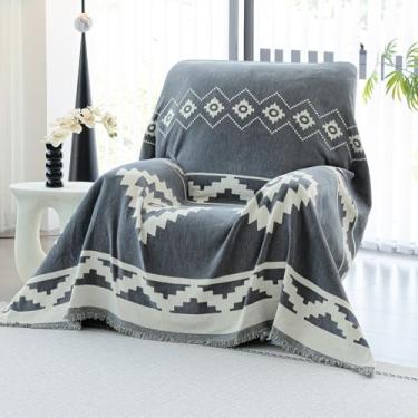 Imagem de JPGGD Capa de sofá Boho para sofá, cobertor de chenille para cães lavável, capas de sofá de chenille, capas boêmias para sofás e sofás, capas para poltronas reclináveis (180 x 180 cm/cinza claro/1