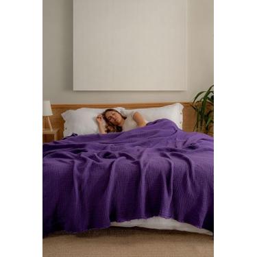 Imagem de RAYME TEKSTIL Cobertor de musselina - Cobertor de gaze versátil leve e arejado 100% algodão turco puro para cama, sofá, sofá (roxo, Califórnia King Size (241 cm x 317 cm))
