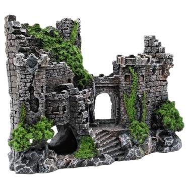 Imagem de LUMINFLY Decoração de aquário de castelo de resina de musgo sintético, 16 × 7 × 13 cm, preto e verde, adequado para tanques de água salgada e de água doce