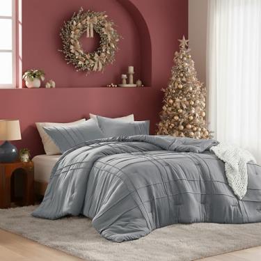 Imagem de Conjunto de edredom King com pregas de beliscar, conjunto de cama de 3 peças com padrão quadriculado, microfibra pré-lavada, leve e fofo, tamanho king azul/cinza, aquecimento para todas as estações