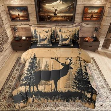 Imagem de Erosebridal Conjunto de edredom King Size para caça de veado com 7 peças, conjunto de cama rústica para crianças, meninos, meninas, silhueta de veado, campo, bosque, fazenda, conjunto de colcha