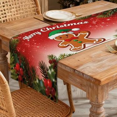 Imagem de Caminho de mesa de Natal 33 x 91 cm - Decoração de mesa de jantar de cozinha de inverno para decoração de casa, homem de gengibre impresso Feliz Natal com azevinho e pinheiro para decoração de férias