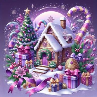 Imagem de Diosedyer Kit de pintura de diamante de casa de campo de Natal roxo 5D - Casa de neve caprichosa com bengalas de doces, cena mágica de inverno para decoração de casa e presentes de Natal, adultos e