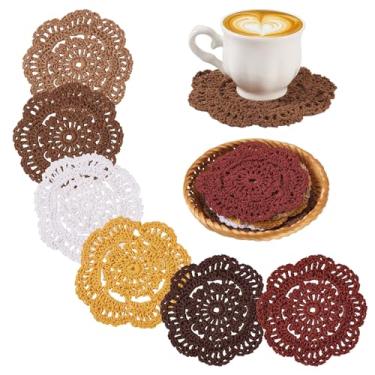 Imagem de Handship Conjunto de 12 porta-copos de renda de crochê de 10 cm feito à mão, porta-copos de renda de algodão de poliéster com 1 cesta de vime de bambu para decoração de mesa de centro de cozinha