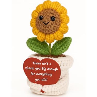 Imagem de Pelúcia de girassol de crochê positivo feito à mão com cartão de coração – Presentes de agradecimento para professora, mãe, amiga, chefe, senhora, colega de trabalho, presente de agradecimento do