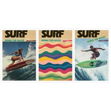 Imagem de Pôster retrô de surfe com 3 peças, montando as ondas, litoral, colorido, groovy, decoração de quarto, decoração de quarto, conjunto de 3 20 x 30 cm sem moldura