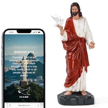 Imagem de Effasaflink Escultura de resina Jesus com pomba – Estatueta religiosa de 17 cm com tecnologia NFC para leituras diárias da Bíblia – Presente Cristão Inspirador