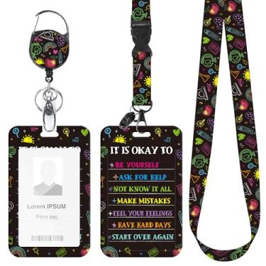 Imagem de Cordão de professor com suporte de crachá e carretel retrátil, colorido com citação inspiradora, conjunto de porta-cartões de identificação com alça de pescoço, acessórios motivacionais para