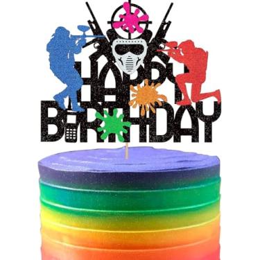 Imagem de Decorações de bolo de paintball para meninos e homens com glitter, decoração de feliz aniversário, tema esportivo, suprimentos de festa