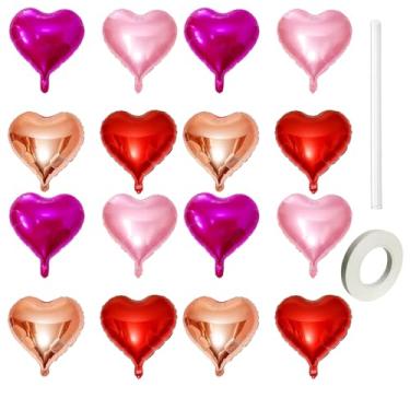 Imagem de Conjunto de balões de coração, rosa e ouro rosa, balão de coração de 16 peças com fitas e canudos para decorações de dia dos namorados, casamento e festa de aniversário