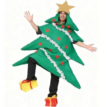Imagem de DECEED 3 peças de fantasia de árvore de Natal para adultos, macacão com caixa de presente, capas de sapatos, unissex, roupa divertida de Natal, cosplay de Natal