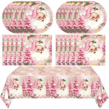 Imagem de Conjunto de 41 peças de talheres de festa de Natal rosa - toalha de mesa com tema de Papai Noel e árvore de Natal rosa, pratos, guardanapos suprimentos de festa de Natal