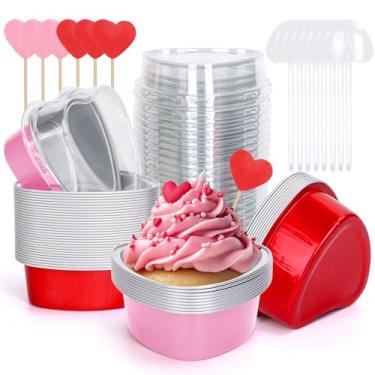 Imagem de FYSUIMU 100 peças de formas de bolo em forma de coração para o dia dos namorados, vermelho, rosa, descartáveis, mini copos de alumínio com tampas, colheres e enfeite de cupcake para casamento, dia das