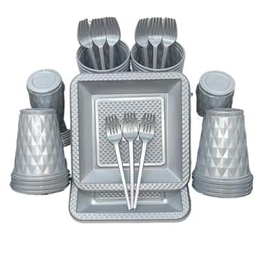 Imagem de Kit 260 Itens Descartaveis Festa Aniversário Prato Quadrado Diamante Plástico Colorido Perolado Candy Pastel (Prata)