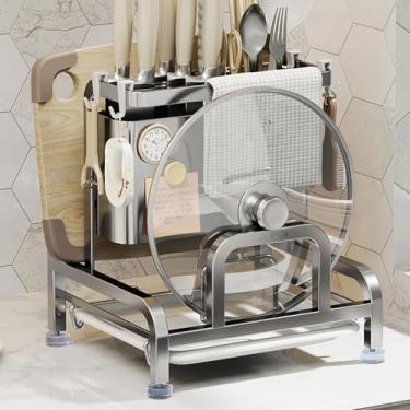 Imagem de Luqeeg Rack organizador de cozinha de aço inoxidável, tábua de corte multifuncional, pauzinhos, garfo, suporte de escova de secagem, suporte de escova de prato para decoração de bancada de cozinha